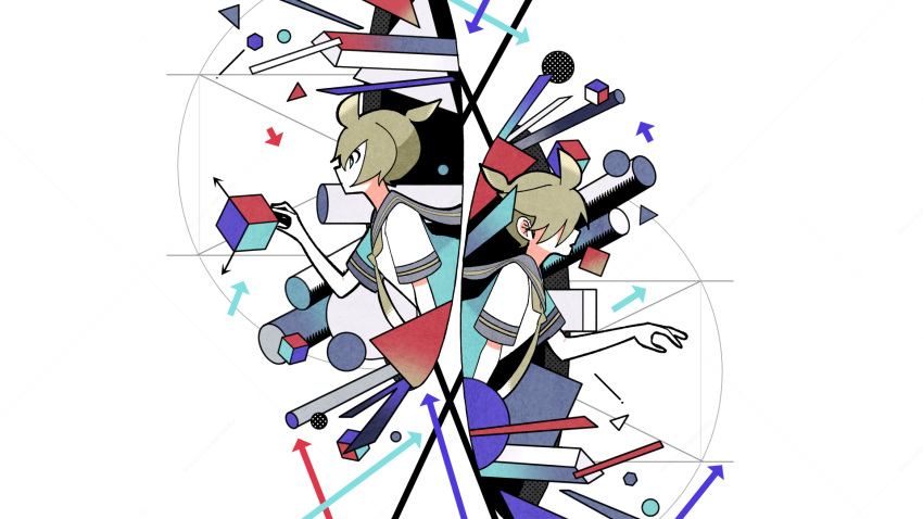 1boy, ahoge, arrow_(symbol), blonde_hair, circle, commentary_request, cube, cylinder