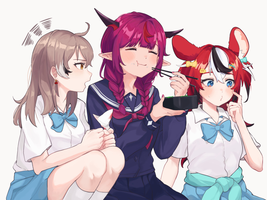 3girls, absurdres, ahoge, animal_ear_fluff, animal_ears, blue_bow, blue_bowtie, blue_eyes