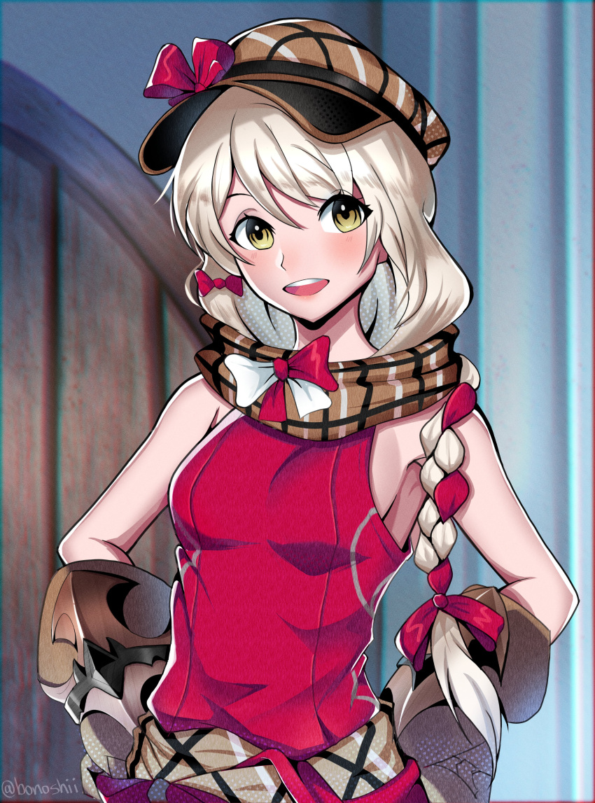 1girl, :d, absurdres, blonde_hair, bonoshii, bow, braid, breasts