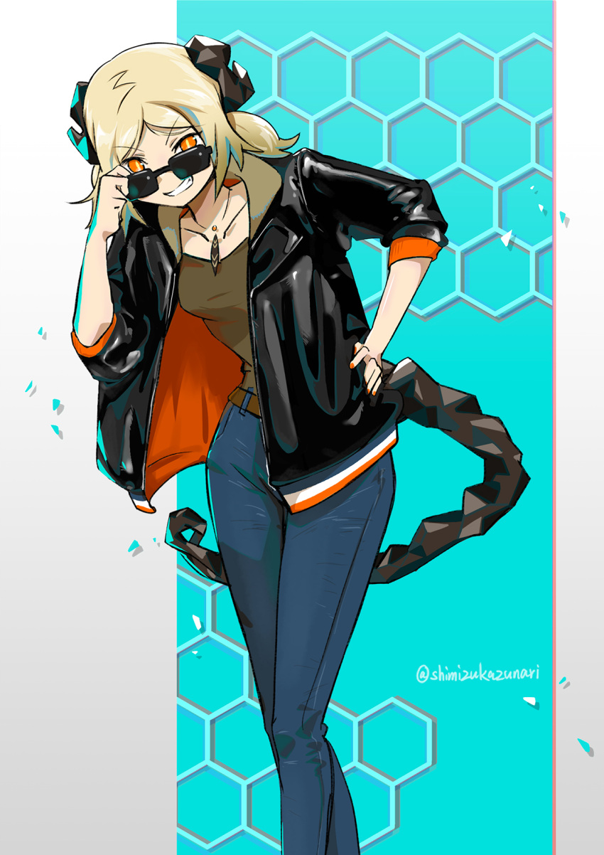 1girl, adjusting_eyewear, aged_up, alternate_costume, arknights, black_jacket, blonde_hair, blue_background