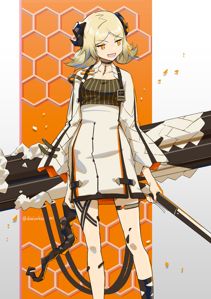 1girl, arknights, blonde_hair, commentary, demon_girl, demon_horns, demon_tail, dress