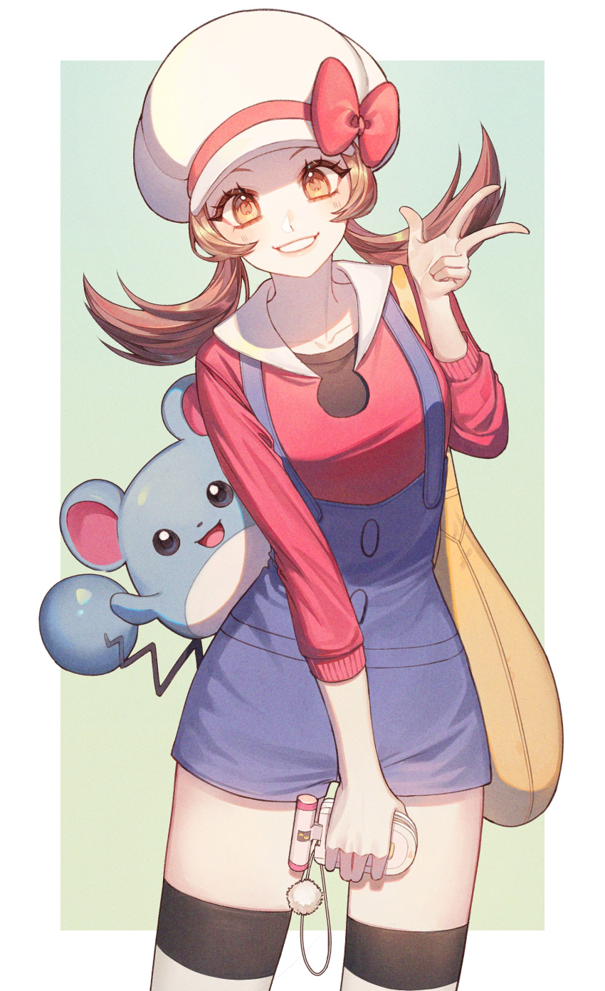 1girl, absurdres, blue_overalls, border, bow, brown_hair, commentary_request, cowboy_shot