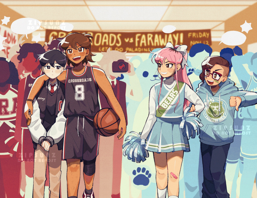 2girls, 3boys, 6+others, arm_around_shoulder, artist_name, aubrey_(faraway)_(omori), aubrey_(omori), ball