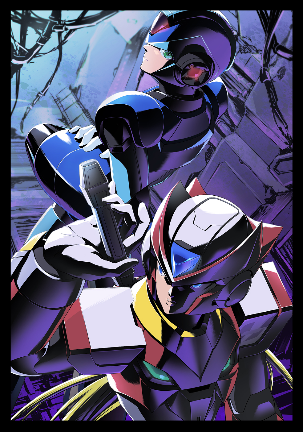 2boys, alternate_design, android, arm_cannon, blonde_hair, blue_eyes, brown_hair, commentary_request