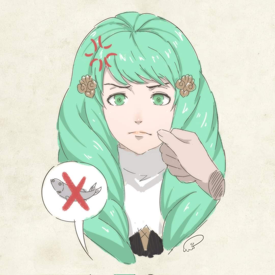 1girl, anger_vein, cheek_pinching, disembodied_limb, drill_hair, fire_emblem, fire_emblem:_three_houses, fish, flayn_(fire_emblem), garreg_mach_monastery_uniform, green_eyes, green_hair, hair_ornament, hairclip, pinching, speech_bubble, tak0baka