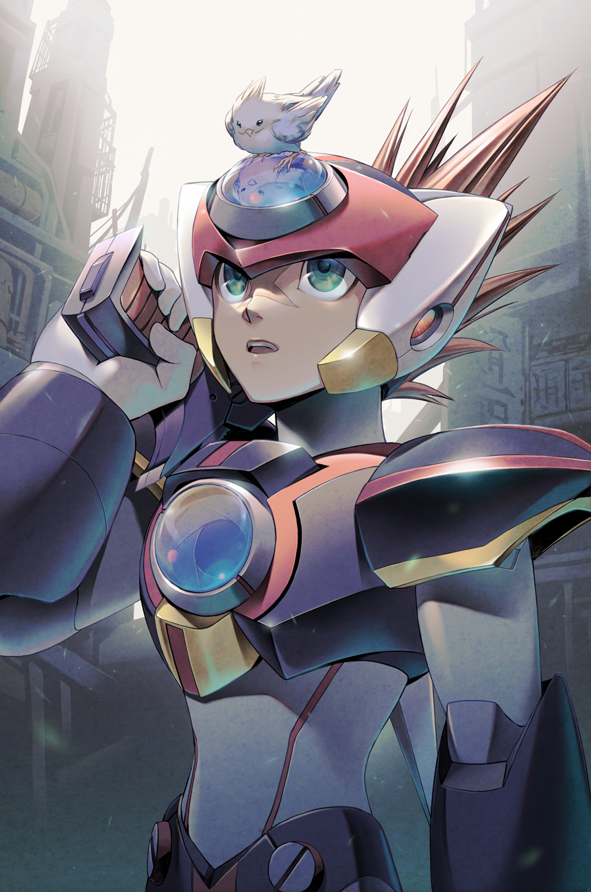 1boy, animal_on_head, armor, axl_(mega_man), bird, bird_on_head, brown_hair, forehead_jewel
