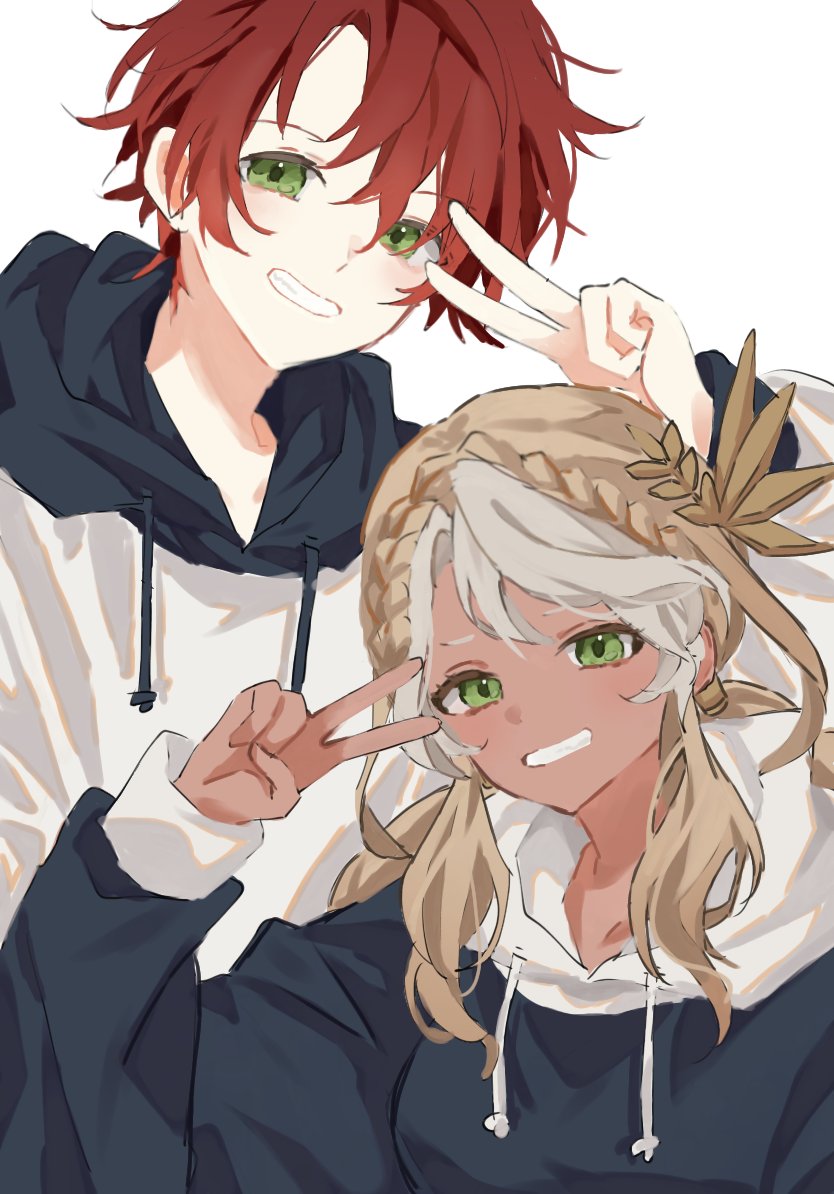 1boy, 1girl, alternate_costume, andromeda_(fate), blonde_hair, blue_hoodie, braid, commentary_request