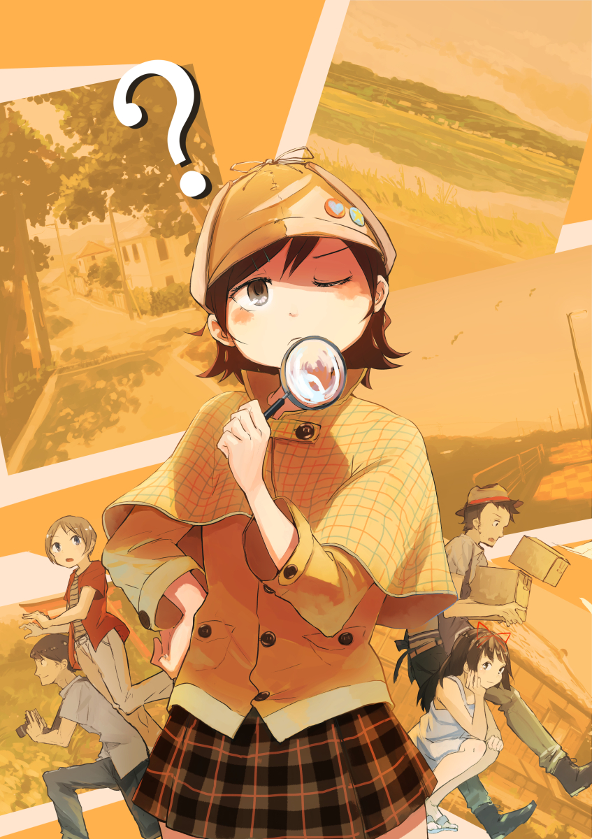 2boys, 3girls, ?, apron, black_apron, blue_eyes, blue_pants, blush, box, brown_capelet, brown_eyes, brown_headwear, brown_jacket, brown_pants, brown_skirt, camera, capelet, cardboard_box, commentary_request, detective, drawn_ears, dress, hair_ornament, hairclip, hand_on_own_hip, highres, holding, holding_camera, inami_hatoko, jacket, long_hair, long_sleeves, multiple_boys, multiple_girls, object_to_chin, one_eye_closed, open_clothes, open_jacket, original, pants, photo_(object), plaid, plaid_skirt, pleated_skirt, red_jacket, short_hair, skirt, sleeveless, sleeveless_dress, white_dress, white_pants