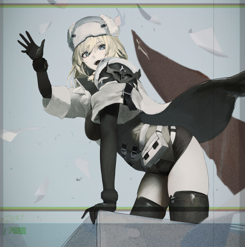 1girl, absurdres, arm_support, black_shorts, black_thighhighs, blonde_hair, blue_eyes, coat