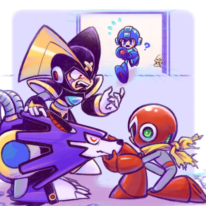3boys, android, bass_(mega_man), blue_eyes, fangs, highres, laser-lance, looking_at_another