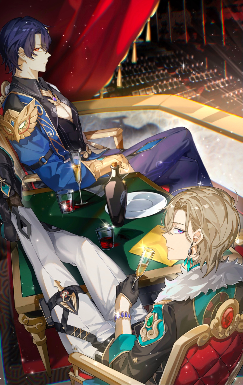 2boys, absurdres, aventurine_(honkai:_star_rail), black_gloves, black_shirt, blonde_hair, blue_hair, champagne_flute