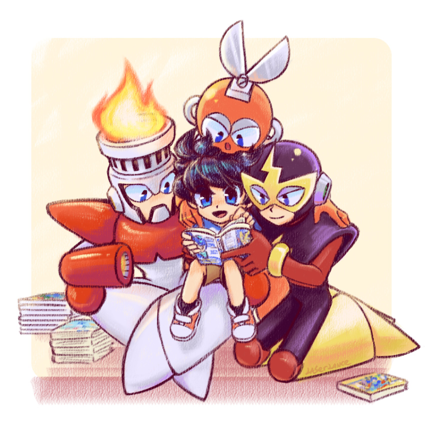 4boys, android, black_hair, blue_eyes, book, closed_mouth, cut_man, elec_man