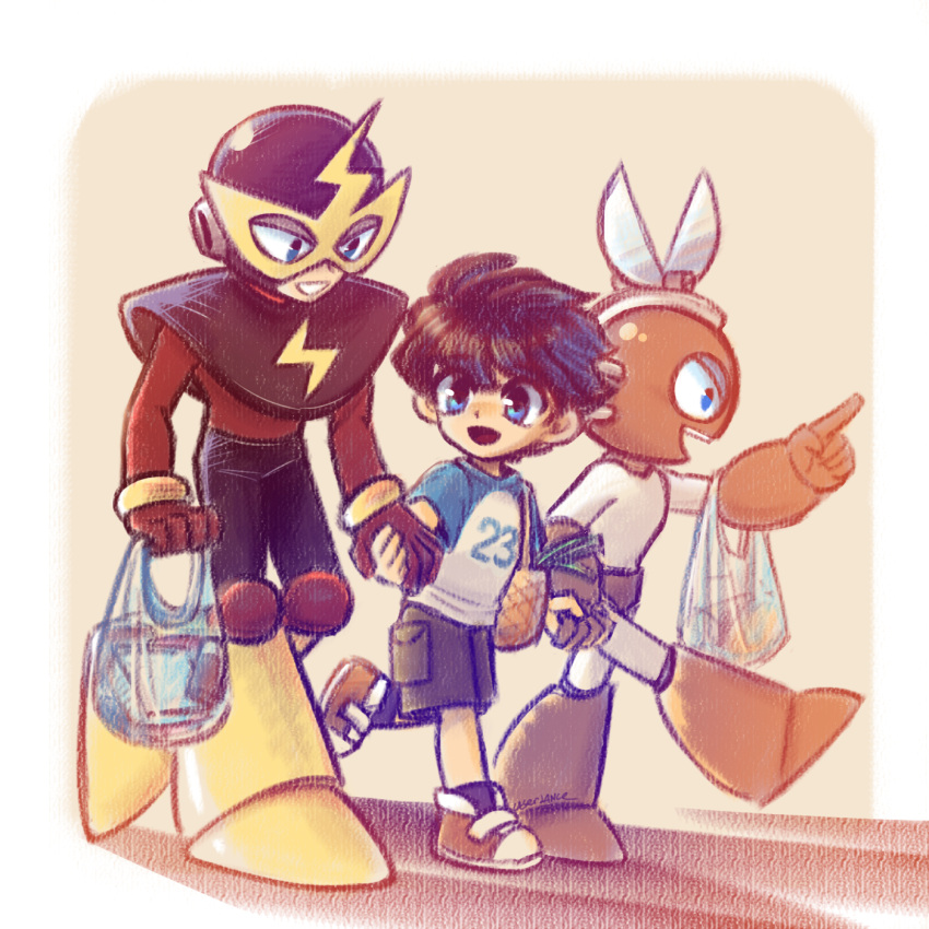 3boys, android, bag, black_hair, blue_eyes, cut_man, elec_man, highres