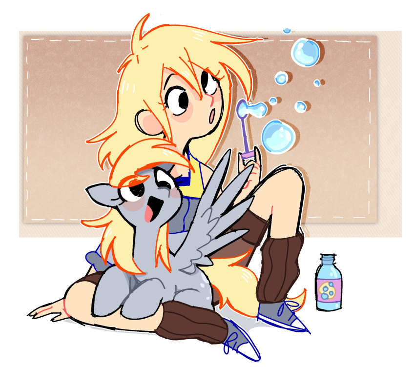 1girl, blonde_hair, bubble, bubble_blowing, derpy_hooves, dual_persona, highres, humanization