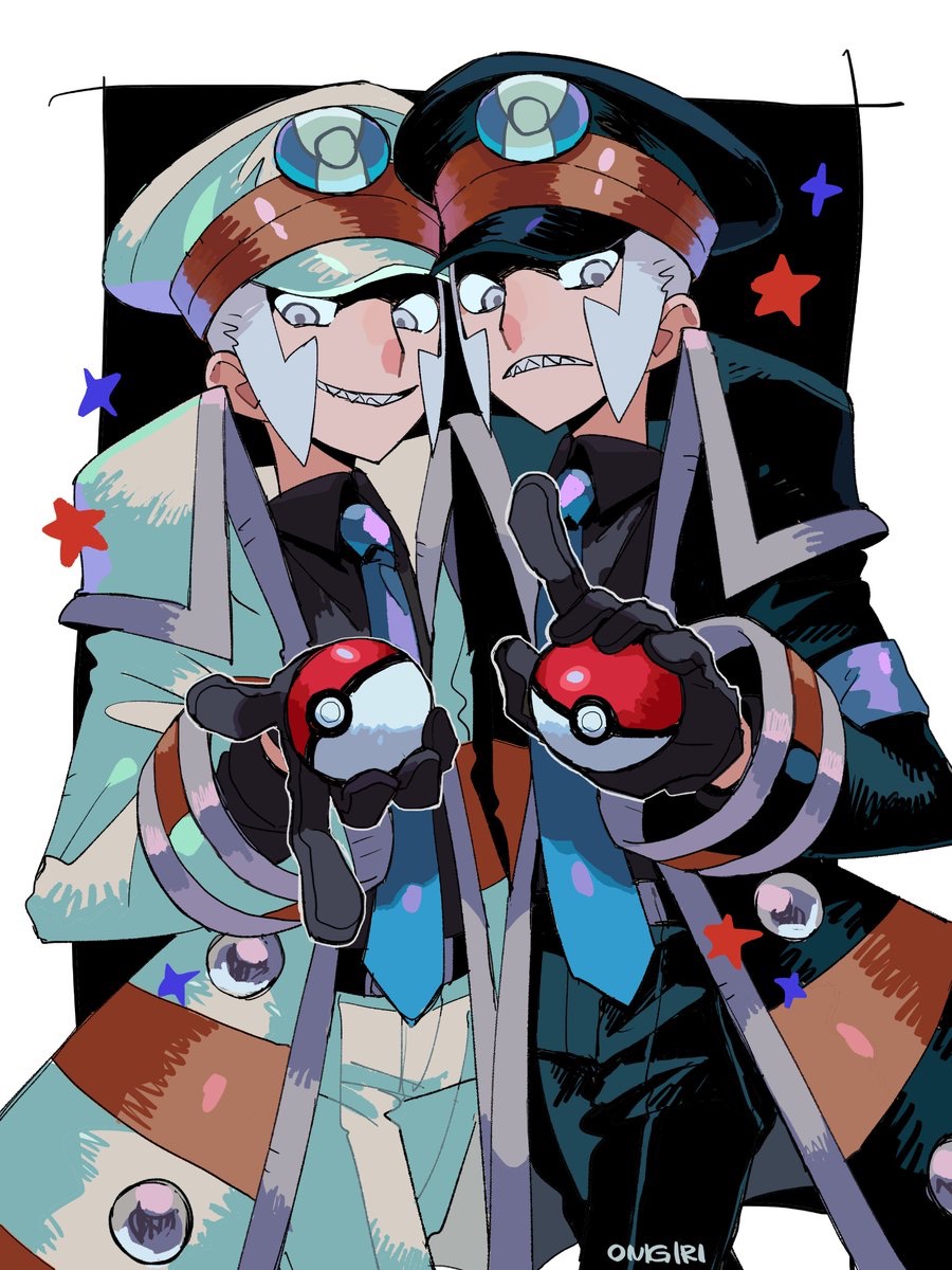 2boys, artist_name, black_background, black_coat, black_gloves, black_headwear, black_pants, blue_necktie