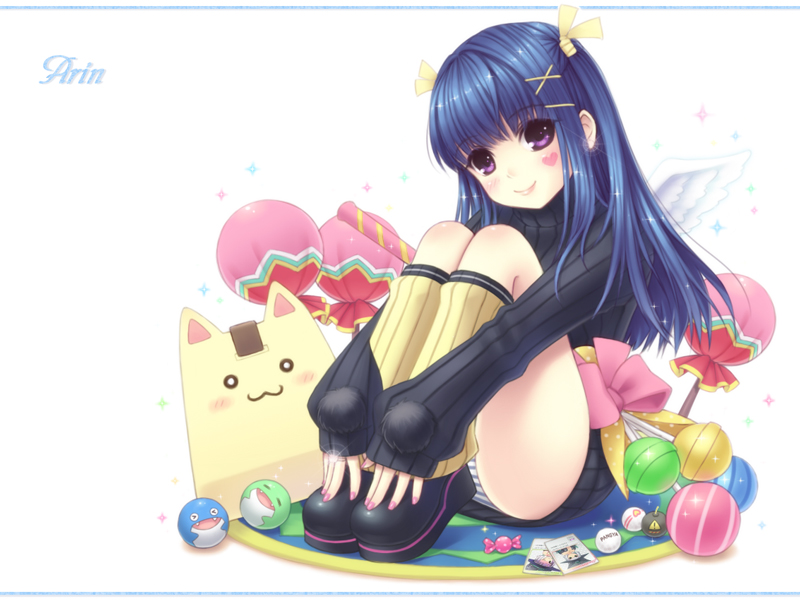 arin, bad_id, blue_hair, hair_ribbon, heart, long_hair, mmmxx, pangya, panties, pantyshot, pantyshot_sitting, papel, purple_eyes, ribbon, sitting, smile, solo, striped, striped_panties, sweater, underwear, violet_eyes, wings