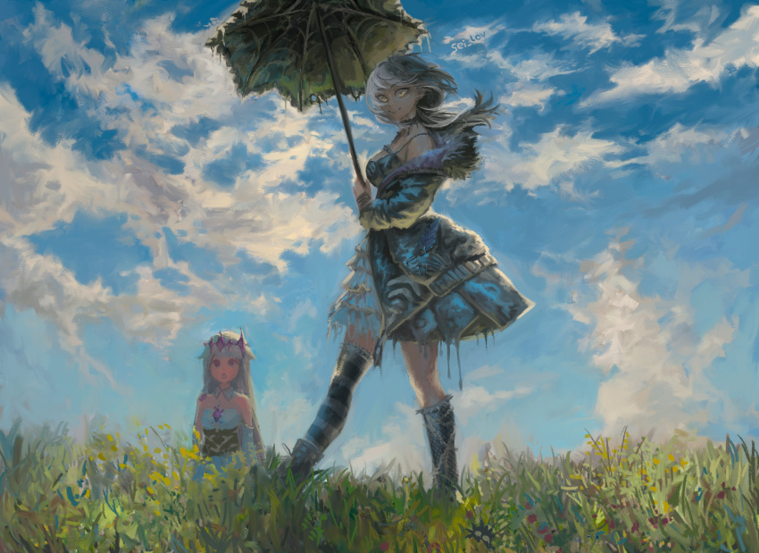 2girls, :o, arms_at_sides, artist_name, asymmetrical_legwear, bare_shoulders, black_choker, black_coat