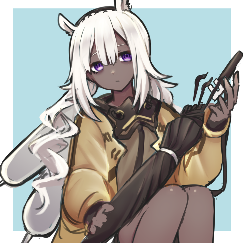 1girl, animal_ears, arknights, blue_background, camel_ears, camel_girl, closed_umbrella, coat