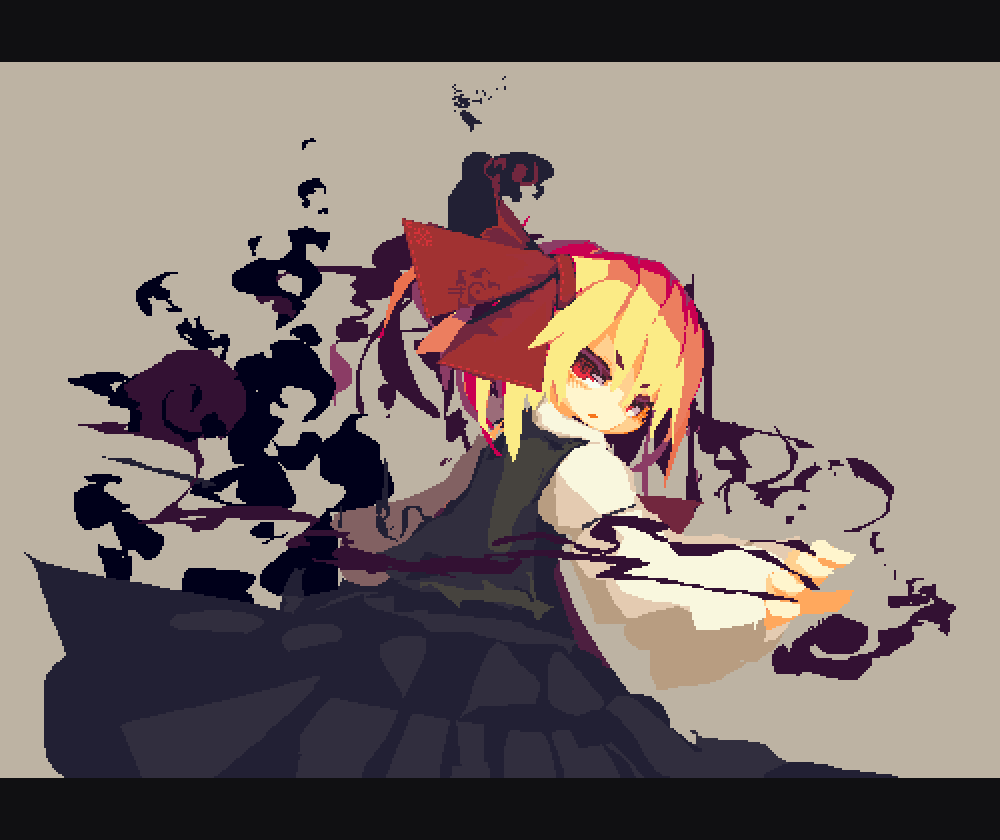 1girl, ascot, black_skirt, black_vest, blonde_hair, darkness, hair_ribbon, outstretched_arms