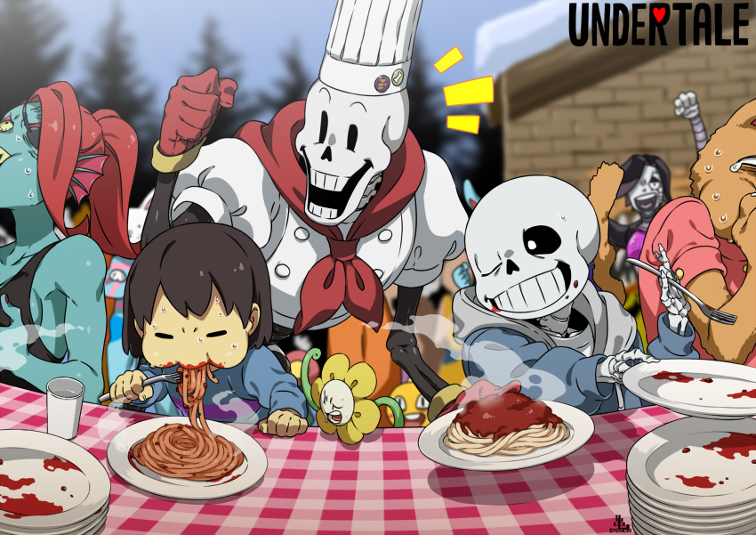 1girl, 1other, 3boys, =_=, androgynous, black_sclera, black_tank_top, blue_jacket, blue_skin, blue_sweater, blurry, blurry_background, brown_hair, building, bulging_eyes, burgerpants, cape, cel_shading, cheering, chef_hat, child, clenched_hand, colored_sclera, colored_skin, commentary, copyright_name, cup, eating, eating_contest, eyepatch, fins, flowey_(undertale), food, food_on_face, fork, frisk_(undertale), gloves, grin, hat, head_fins, highres, holding, holding_fork, hood, hood_down, hooded_jacket, jacket, kamezaemon, ketchup, long_sleeves, mettaton, mettaton_ex, multiple_boys, one_eye_closed, open_mouth, outdoors, papyrus_(undertale), pasta, pine_tree, pink_shirt, plate, plate_stack, ponytail, red_cape, red_gloves, redhead, sans_(undertale), shirt, short_hair, short_sleeves, skeleton, smile, spaghetti, steam, sweat, sweater, swept_bangs, table, tablecloth, tank_top, tearing_up, tree, undertale, undyne, upper_body