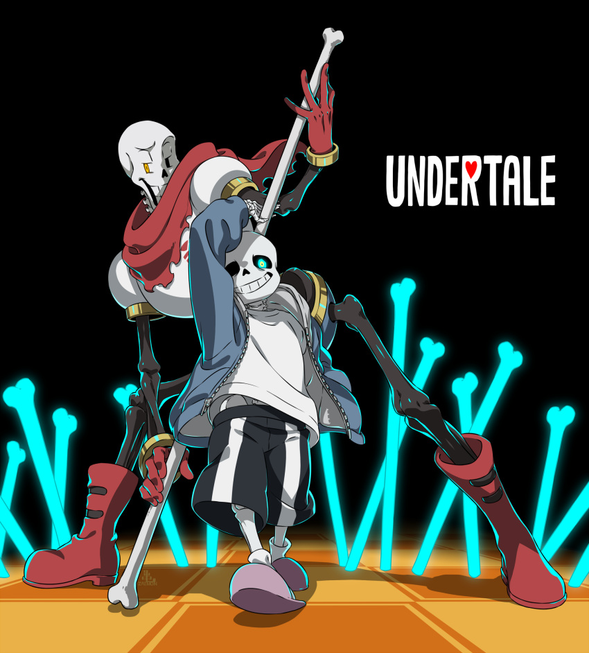2boys, ankle_boots, arm_up, black_background, black_shorts, blue_eyes, blue_jacket, bone