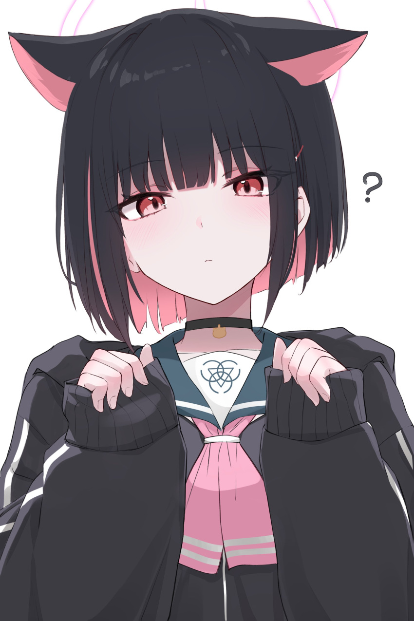 1girl, ?, absurdres, animal_ears, black_choker, black_hair, black_hoodie, blue_archive