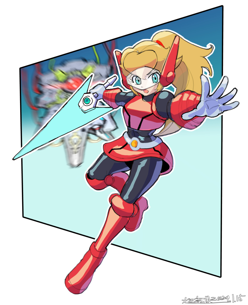 alternate_weapon, aqua_eyes, armor, black_bodysuit, blonde_hair, bodysuit, commentary_request, cosplay, crossover, dated, energy_sword, head-mounted_display, high_ponytail, highres, holding, holding_sword, holding_weapon, long_hair, mega_man_(series), mega_man_zx, mighty_peach, oomasa_teikoku, power_armor, princess_peach, princess_peach:_showtime!, red_footwear, red_skirt, skirt, super_mario_bros., sword, weapon, z_saber, zero(z)_(mega_man), zero(z)_(mega_man)_(cosplay)