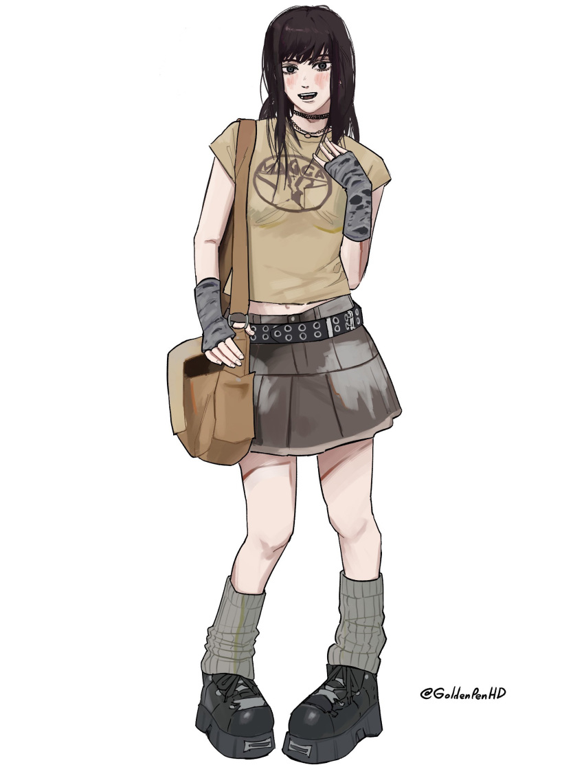 1girl, absurdres, bag, belt, black_hair, blush, casual, chainsaw_man