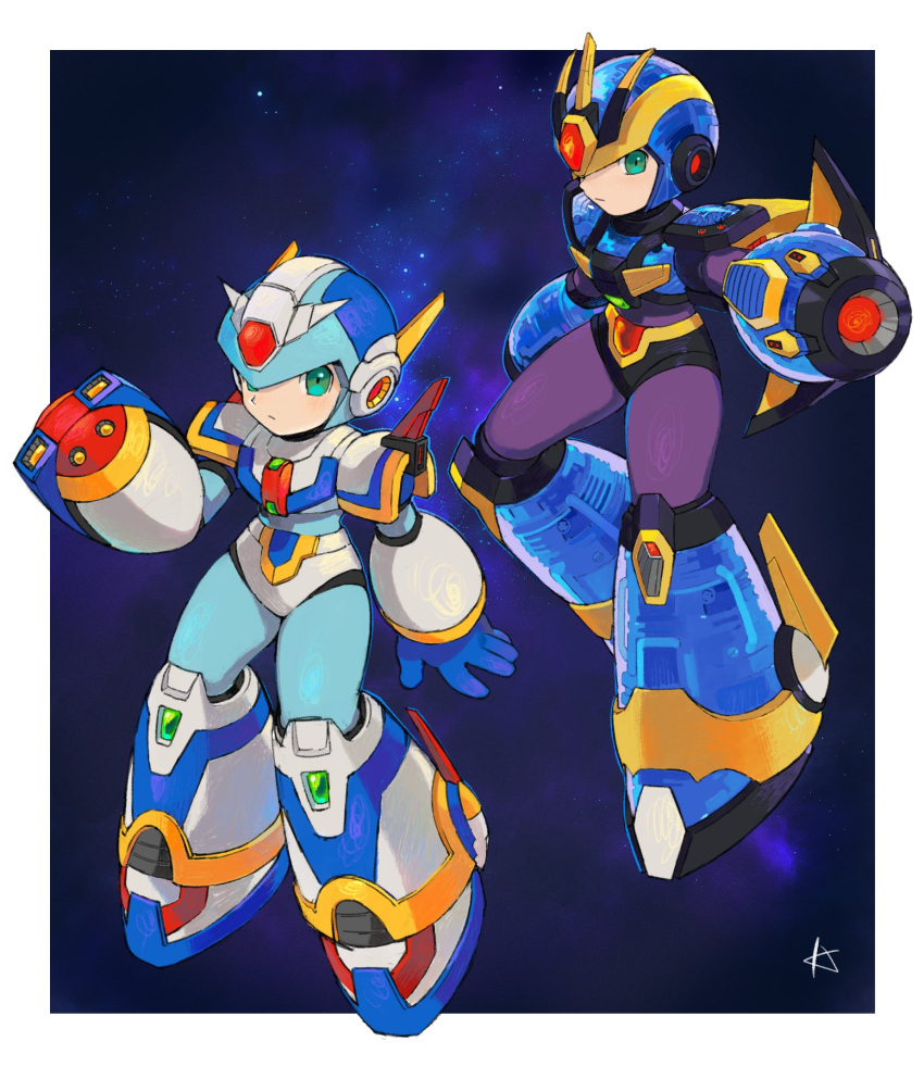 1boy, aiming, arm_cannon, armor, boots, forehead_jewel, fourth_armor_x_(mega_man), green_eyes