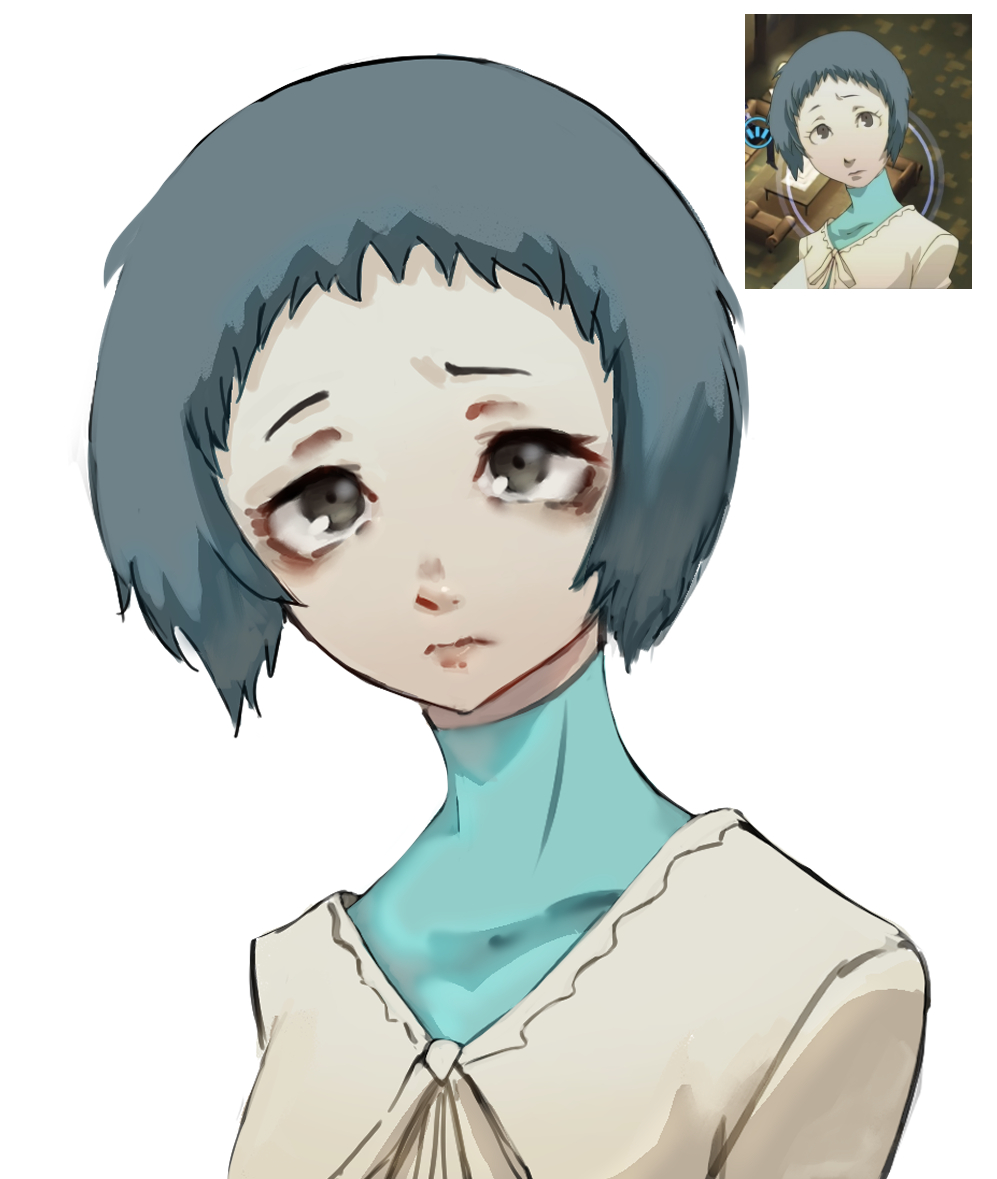 1girl, blue_hair, closed_mouth, derivative_work, english_commentary, eyelashes, furrowed_brow, game_screenshot_inset