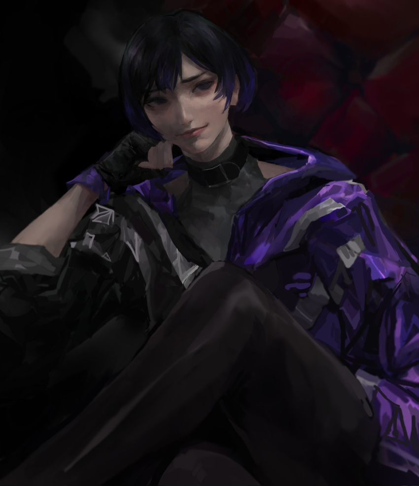 1girl, belt_choker, belt_collar, black_hair, chair, collar, colored_tips, fingerless_gloves