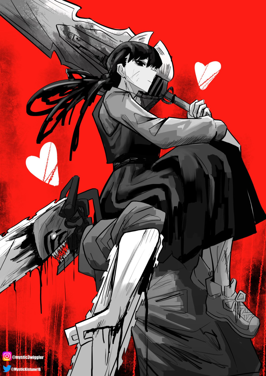 1girl, black_hair, blood, blood_on_clothes, blood_on_weapon, chainsaw, chainsaw_man, denji_(chainsaw_man)