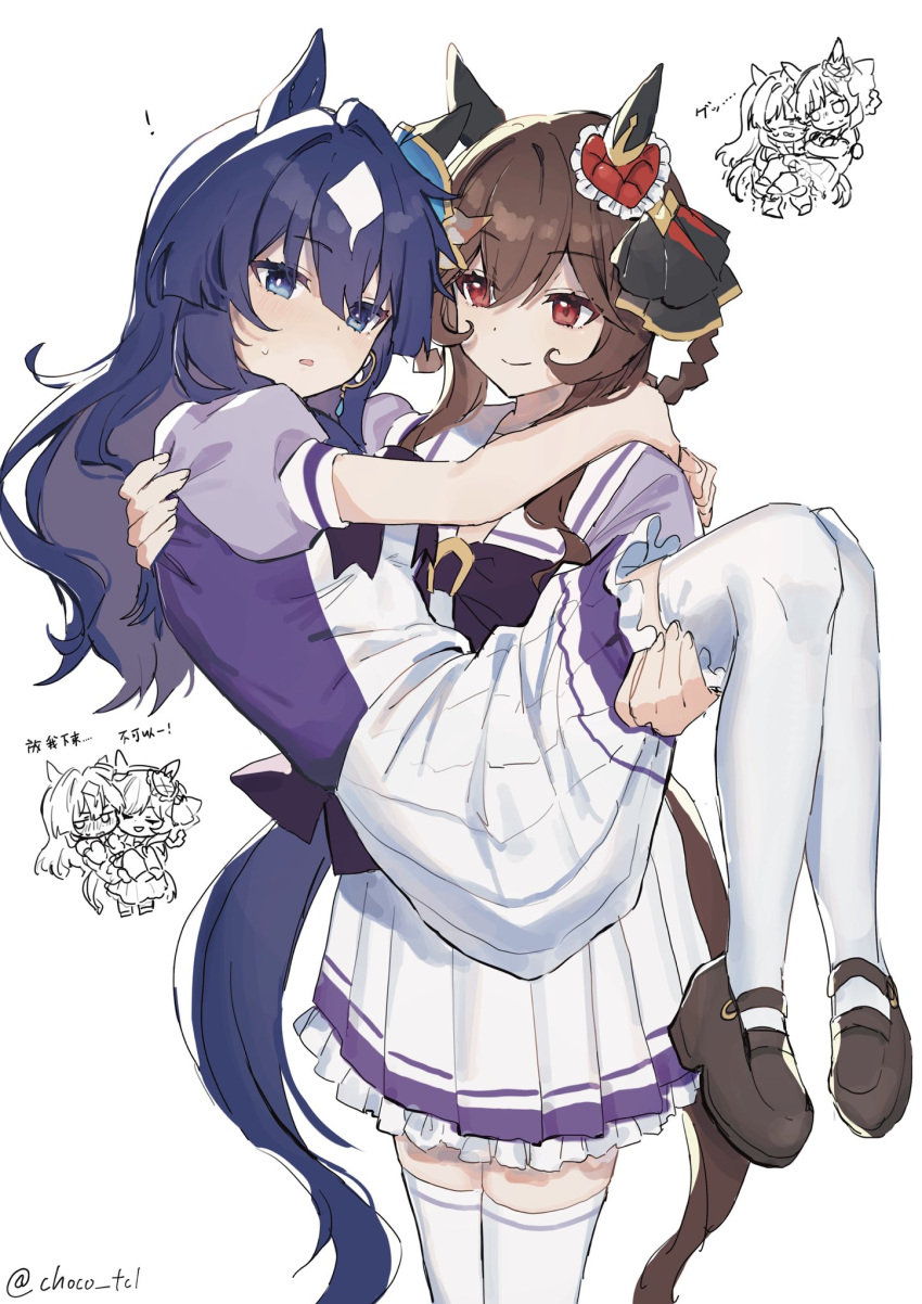 2girls, animal_ears, averting_eyes, blue_eyes, blue_hair, blush, bow, bowtie