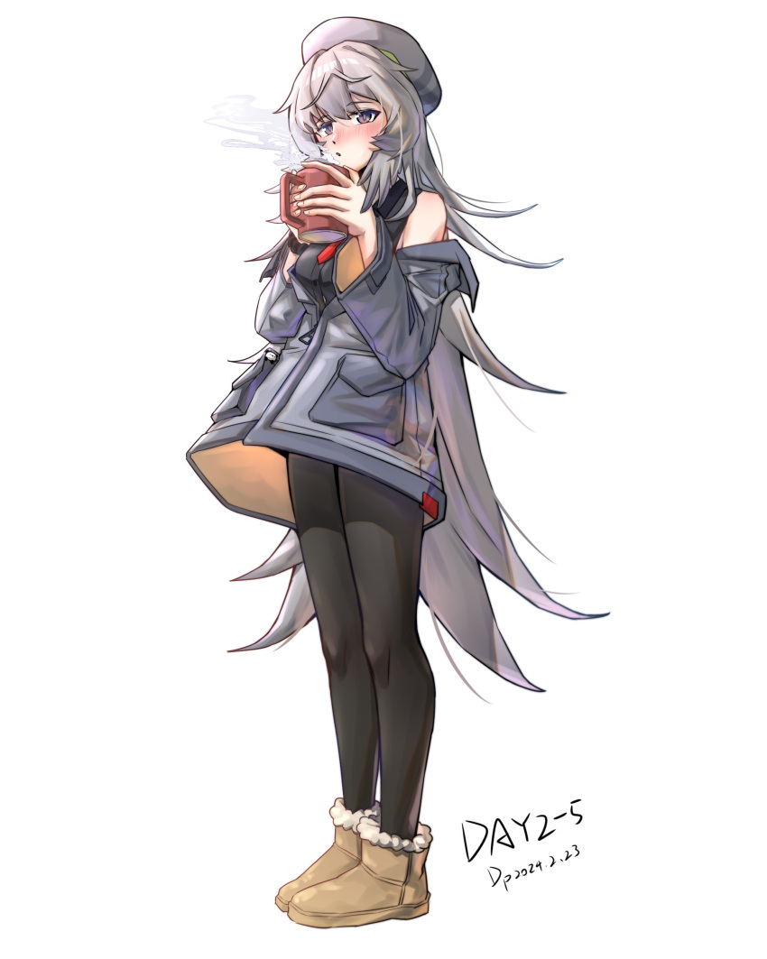 1girl, :o, absurdres, arknights, bare_shoulders, beret, black_pantyhose, black_shirt