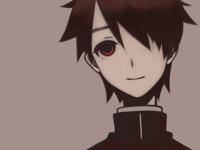 black_hair, gakuran, hair_over_one_eye, kudou_jun, male, nanokak, portrait, red_eyes, sayonara_zetsubou_sensei, school_uniform, smile, solo, spot_color