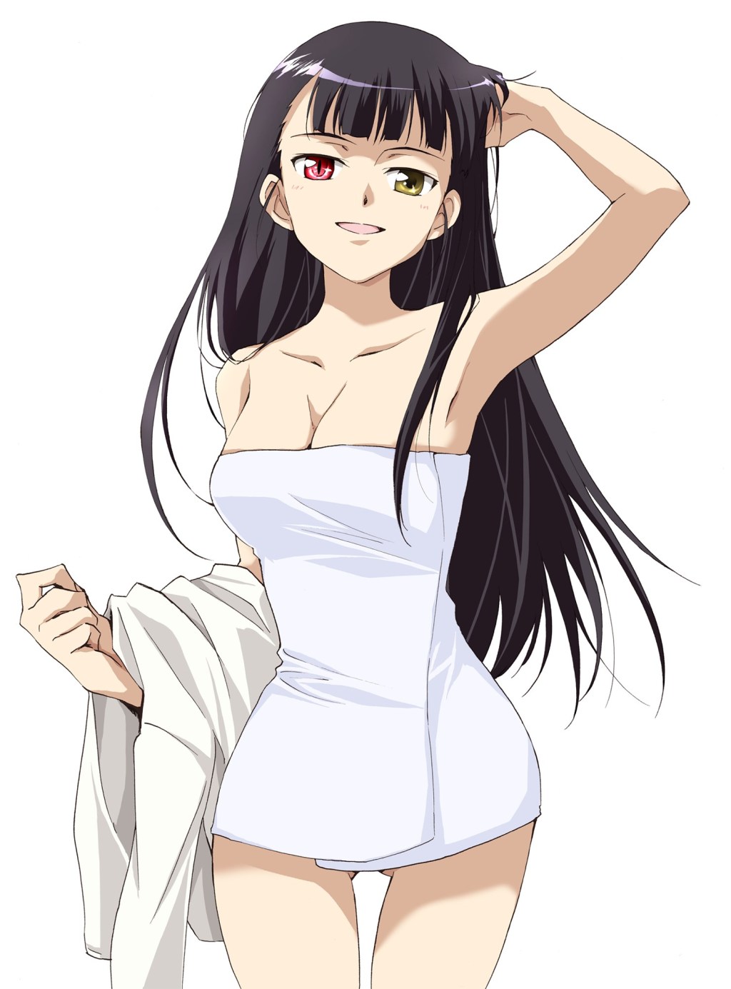 armpits, black_hair, breasts, cleavage, heterochromia, highres, impossible_towel, naked_towel