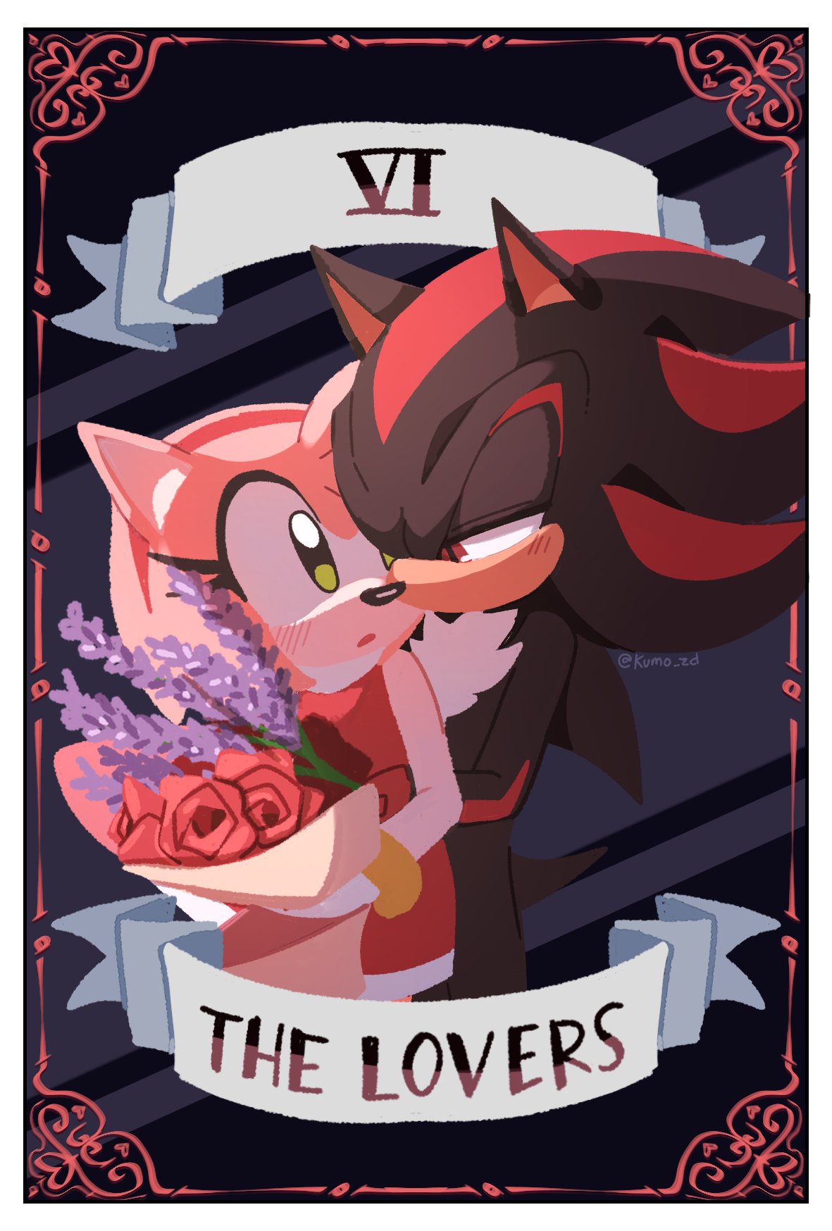 1boy, 1girl, amy_rose, animal_ears, blush, border, bouquet, dress