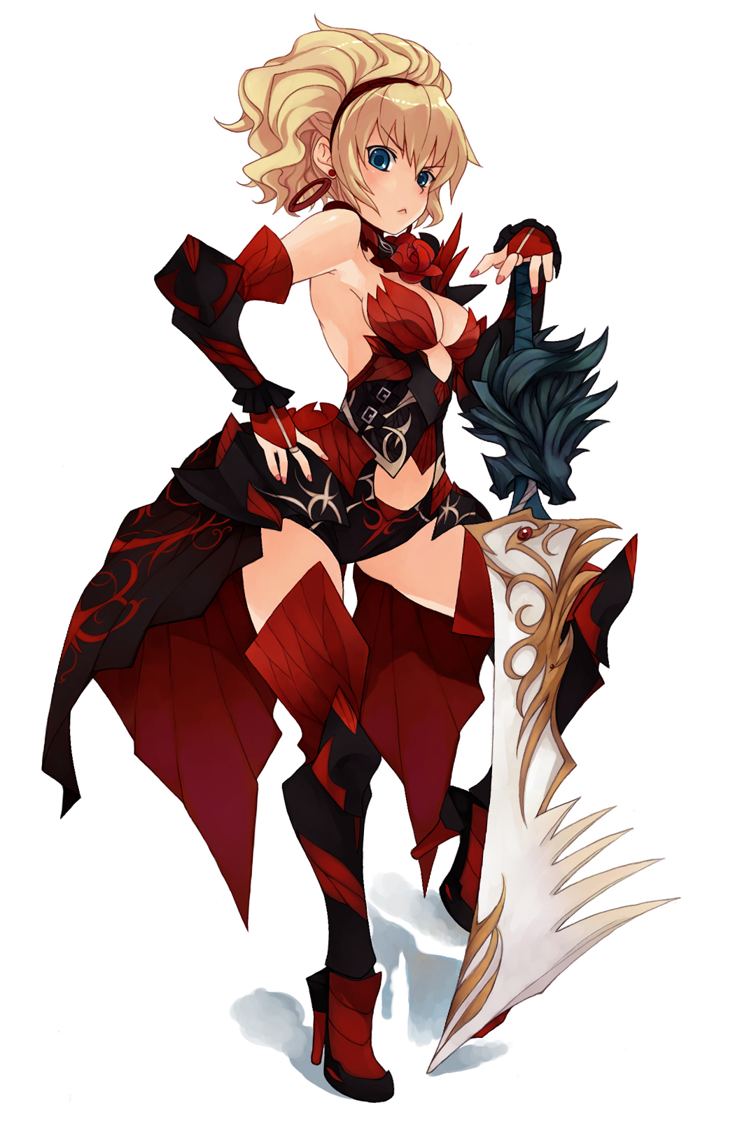 blonde_hair, blue_eyes, boots, breasts, claire_(granado_espada), cleavage, earrings, flower