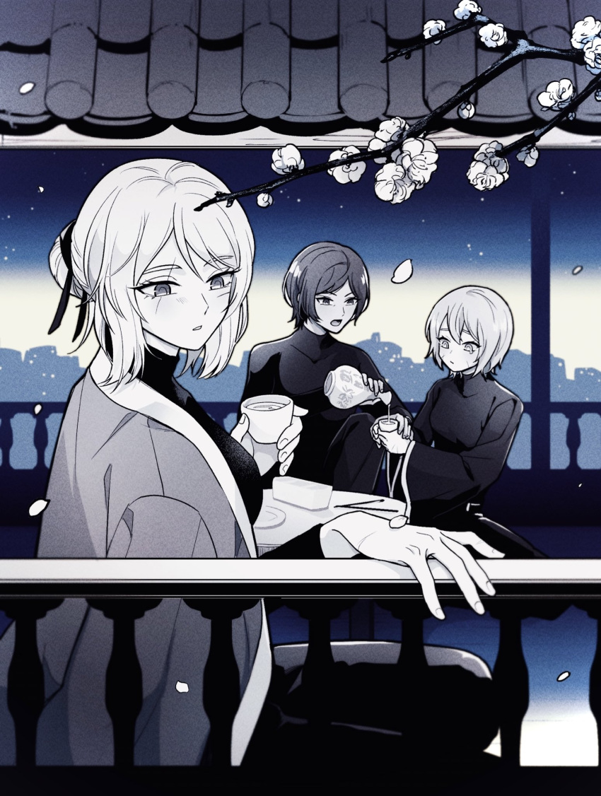 3girls, architecture, blue_background, cityscape, closed_mouth, coat, coat_on_shoulders, cup, don_quixote_(project_moon), east_asian_architecture, expressionless, faust_(project_moon), flower, greyscale_with_colored_background, hair_between_eyes, hair_bun, hair_ribbon, hand_on_railing, highres, holding, holding_cup, lcwy4149, limbus_company, long_sleeves, multiple_girls, open_mouth, outis_(project_moon), pants, plate, plum_blossoms, pouring, project_moon, railing, ribbon, scar, scar_across_eye, scar_on_cheek, scar_on_face, short_hair, single_hair_bun, sitting, star_(sky), table, tearing_up, turtleneck_shirt, wide_sleeves