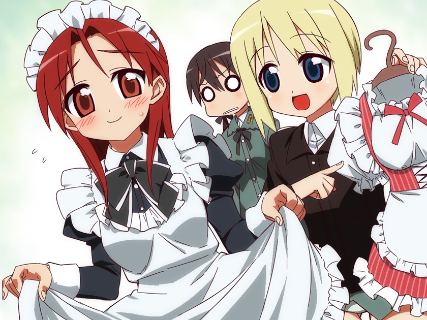 alternate_costume, blonde_hair, blue_eyes, blush, bowtie, brown_hair, dress, dress_lift