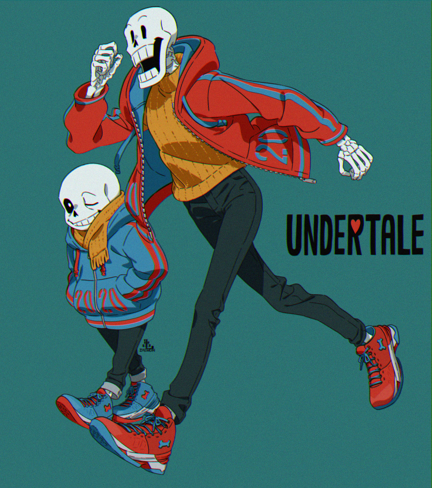 2boys, alternate_costume, black_pants, blue_background, blue_footwear, blue_jacket, brothers, cel_shading