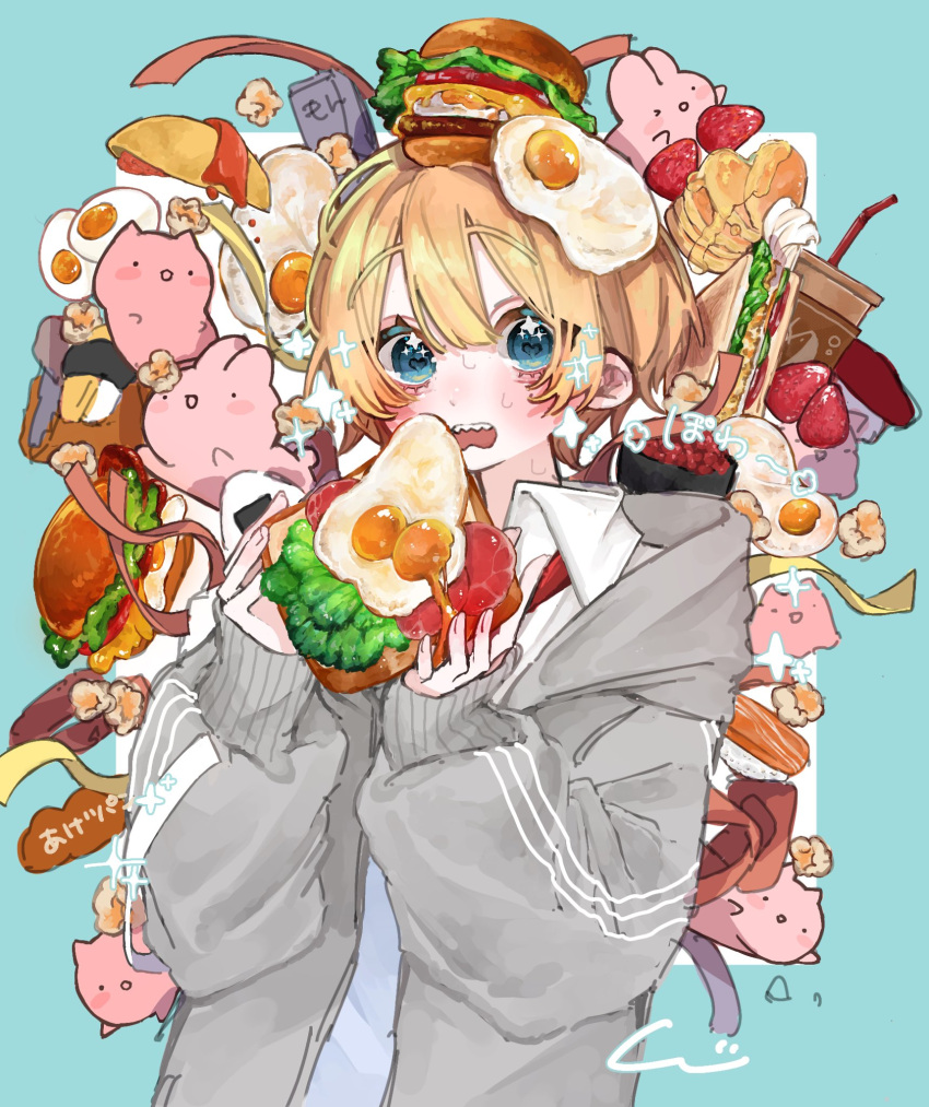 1girl, 9_jira, artist_name, blonde_hair, blue_background, blue_eyes, blue_shirt, blush
