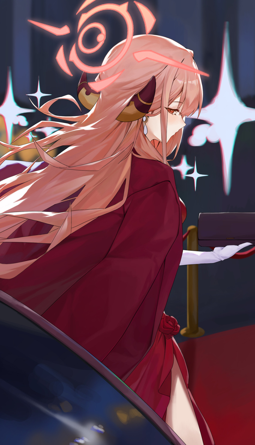 1girl, absurdres, aru_(blue_archive), aru_(dress)_(blue_archive), bburi, blue_archive, brown_coat, brown_eyes, brown_horns, coat, coat_on_shoulders, cowboy_shot, demon_horns, from_behind, gloves, halo, highres, horns, long_hair, looking_at_viewer, looking_back, official_alternate_costume, pink_hair, pink_halo, solo, white_gloves