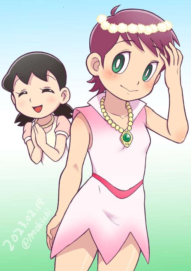 2girls, androgynous, bead_necklace, beads, black_hair, breasts, commentary_request, dated