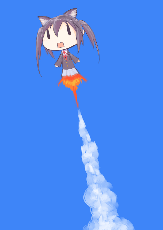 1girl, ameya_shioichi, animal_ears, black_hair, blazer, cat_ears, chibi, flying, k-on!, liftoff, long_hair, nakano_azusa, rocket, school_uniform, skirt, sky, twintails