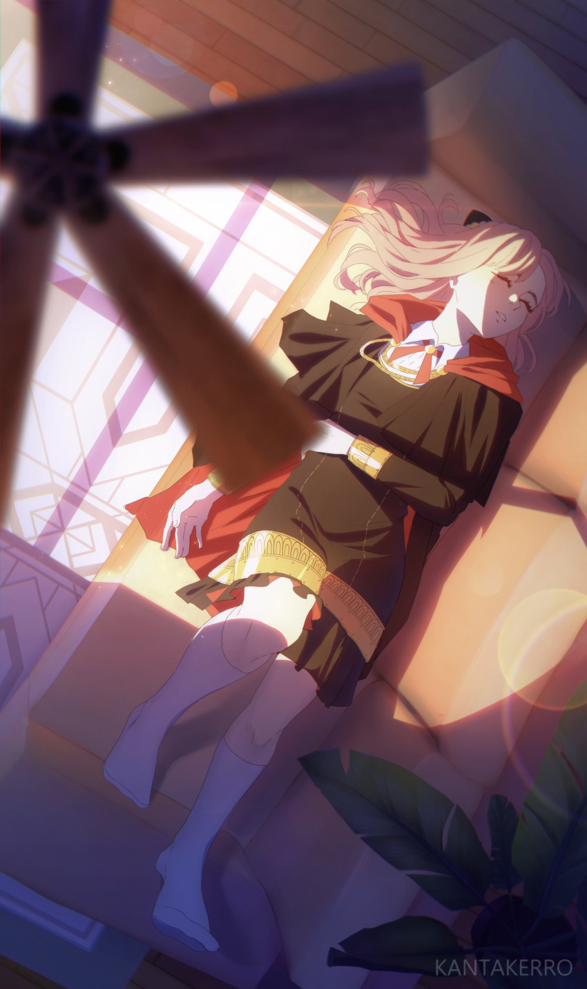 absurdres, aged_up, anya_(spy_x_family), black_robe, cape, ceiling_fan, closed_eyes, couch