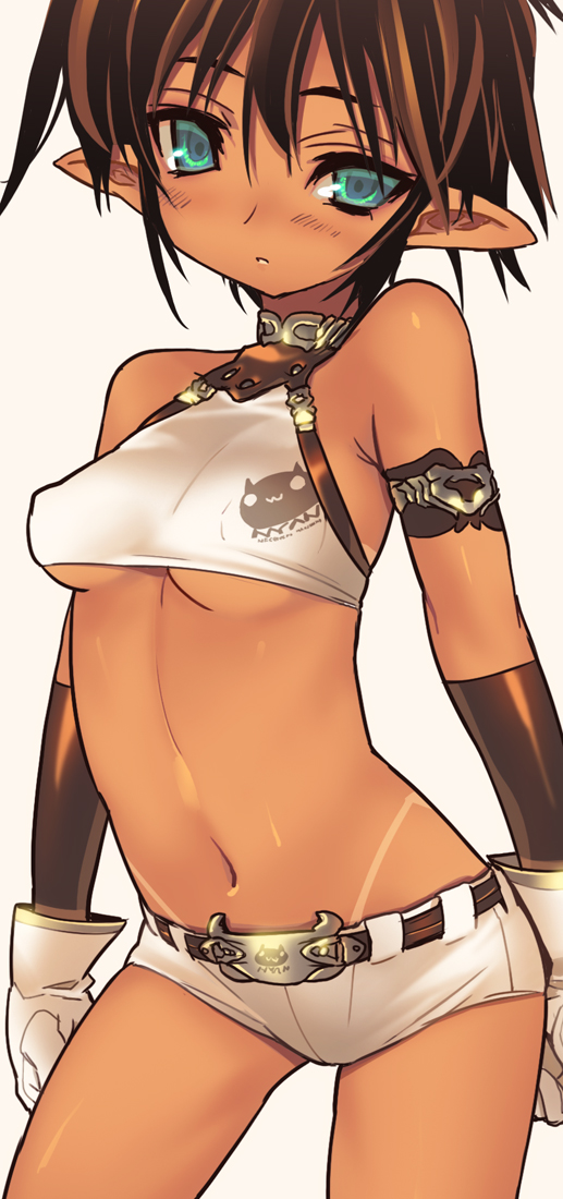 belt, blade_(artist), blush, breasts, brown_hair, dark_skin, gloves, green_eyes