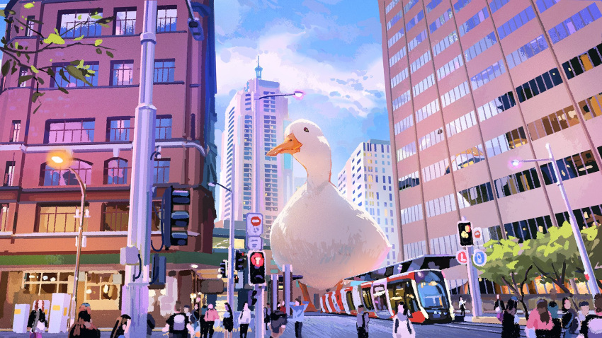 animal, bird, blue_sky, building, city, clouds, crowd, duck