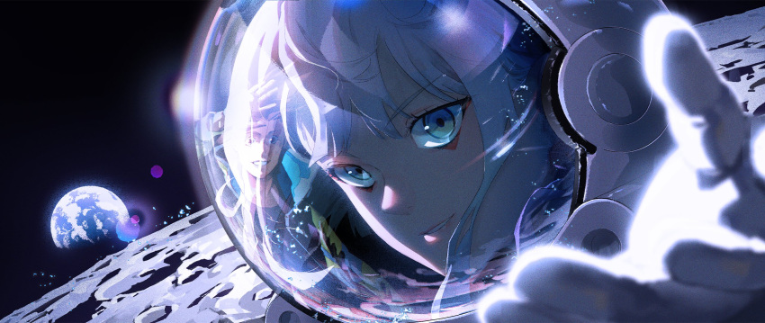 1boy, 1girl, astronaut, blue_eyes, cyberpunk_(series), cyberpunk_edgerunners, david_martinez, earth_(planet)