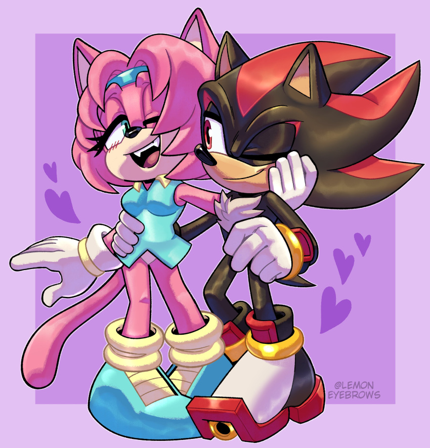 1boy, 1girl, absurdres, animal_ears, artist_name, black_footwear, black_fur, blue_footwear, blue_headband, blue_shirt, cat_ears, cat_tail, full_body, furry, furry_female, furry_male, gloves, gold_bracelet, green_eyes, hand_on_another's_cheek, hand_on_another's_face, headband, heart, highres, jade_the_cat, lemon_eyebrows, looking_at_another, multicolored_footwear, one_eye_closed, open_mouth, original, pink_fur, pink_tail, purple_background, red_eyes, red_footwear, red_fur, shadow_the_hedgehog, shirt, shoes, sleeveless, sleeveless_shirt, sonic_(series), tail, teeth, upper_teeth_only, white_footwear, white_gloves, yellow_footwear